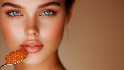 Close-up shot of a beautiful woman with a spoonful of red caviar near her lips, capturing a luxurious moment.