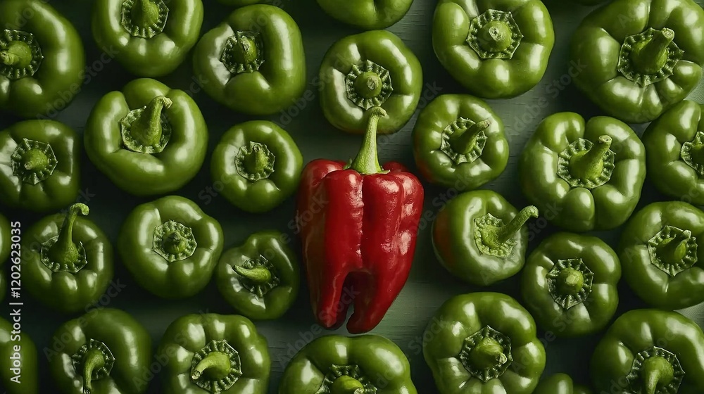 Poster a row of mixed green and red peppers features a red pepper centered