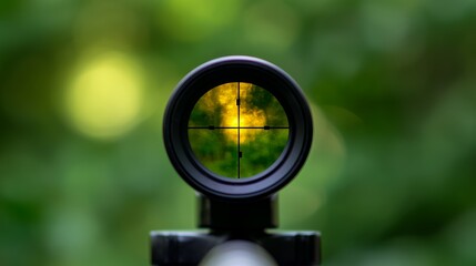 Rifle Scope Sight, Focused Target in Green Forest