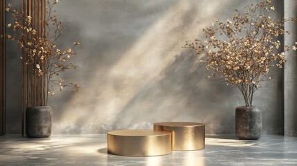 Two golden podiums on a grey floor with dried flower arrangements in dark grey vases against a textured wall.