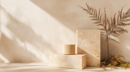 Beige podiums with dried plants in sunlight.