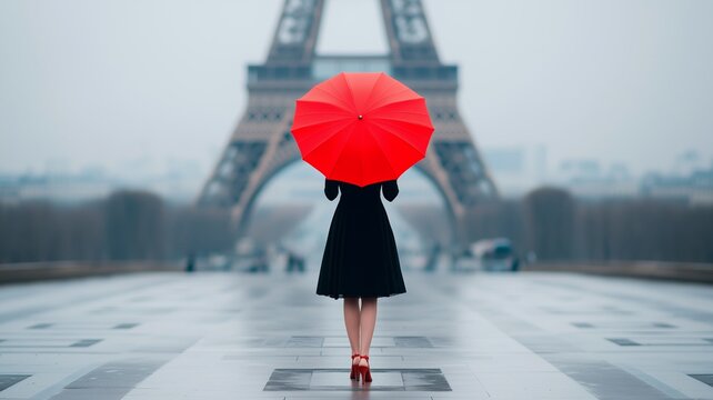 Stylish woman in an elegant black dress holding a red umbrella in front of the Eiffel Tower.