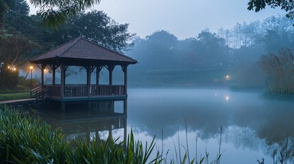 Obraz premium Misty morning view of a wooden gazebo on a calm lake, surrounded by lush greenery.