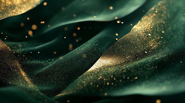 Emerald green fabric with gold dust and bokeh effect for a luxurious look and feel