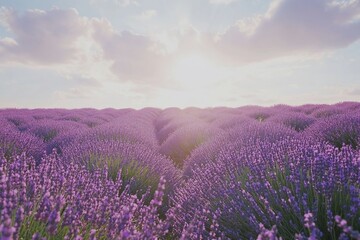 Sunlit lavender field at sunset.