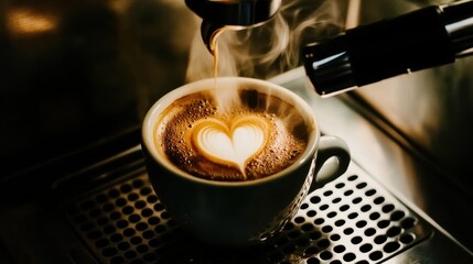 This image captures the steaming allure of a freshly brewed cup of coffee, topped with meticulously crafted frothy heart art, symbolizing love and art in everyday life.