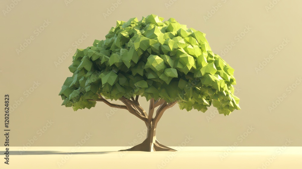 Poster low-poly 3d model of a tree with green leaves on a beige background.