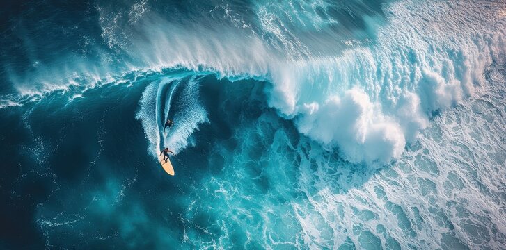 Aerial view capturing a massive ocean wave with surfers riding the swell.