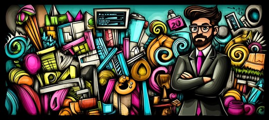 Colorful doodle businessman amidst technology and objects.