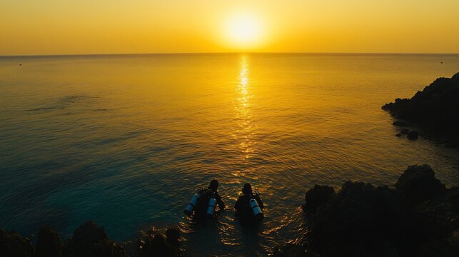 Two scuba divers prepare for ocean dive at sunrise.