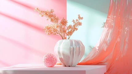 Elegant flower arrangement with pink drapery