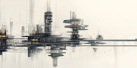 City Skyline with Rotating Towers and Suspension Bridges