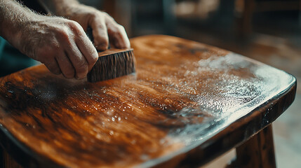skilled craftsman polishing handmade wooden chair, showcasing craftsmanship and attention to detail