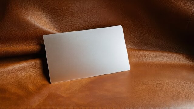Elegant brushed metallic card mockup on rich tan leather backdrop.