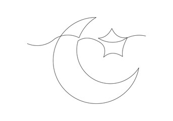 Continuous single line sketch drawing of moon crescent and star ramadhan kareem ied mubarak islamic symbol one line art vector illustration
