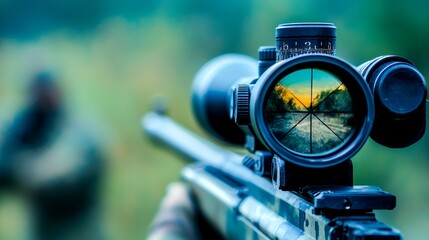 Obraz premium Sniper Rifle Scope View: Precision and Tactical Focus