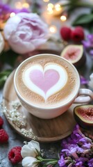 Naklejka premium Romantic Latte Art Heart-Shaped Coffee with Flowers and Fruit