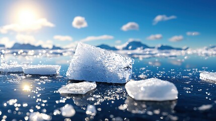 Sparkling Ice Floes on a Calm Arctic Ocean under a Sunny Sky