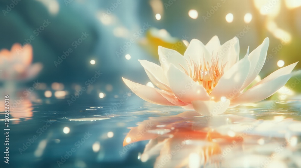 Poster serene water lily blooming in tranquil pond with gentle sunlight illuminating the surface at dawn. g