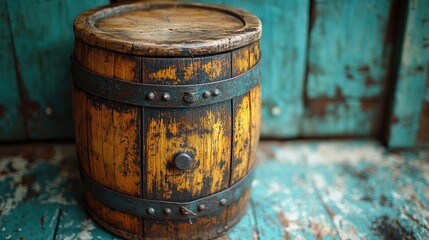 Fototapeta premium A rustic wooden barrel with a weathered finish, set against a textured blue background.