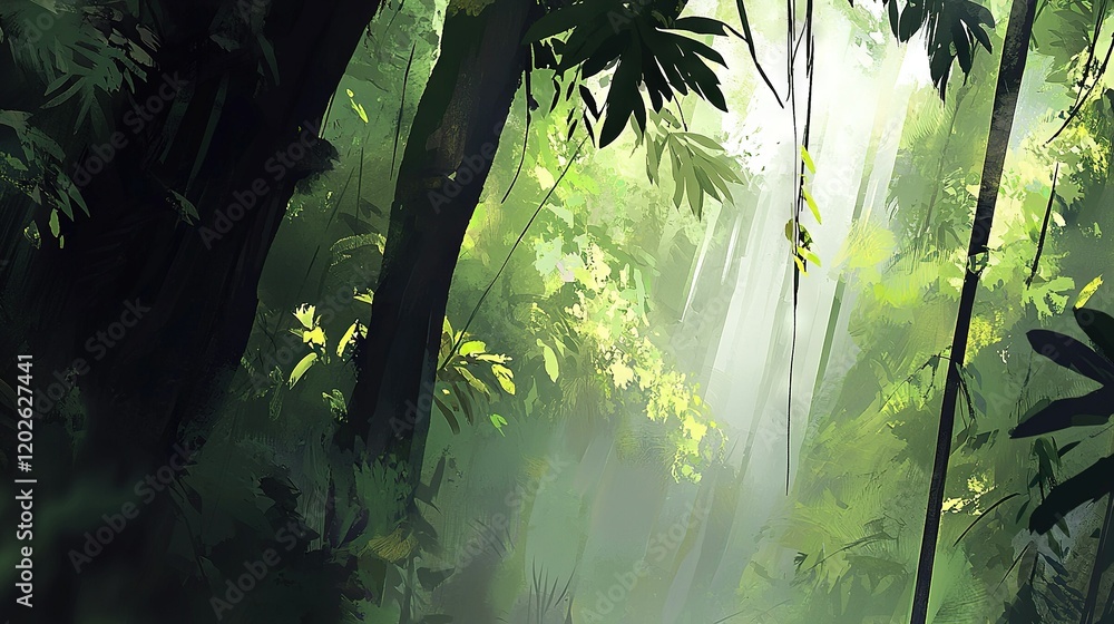 Poster a painting of a jungle with sunlight filtering through the leaves and a clear path leading through t