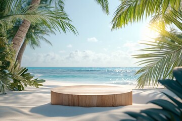 Fototapeta premium Tropical beach scene with wooden display platform. (1)
