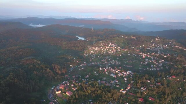 Aerial view of Kodaikanal town at sunrise, India