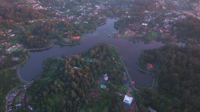 Aerial view of beautiful kodaikanal lake at sunrise, India