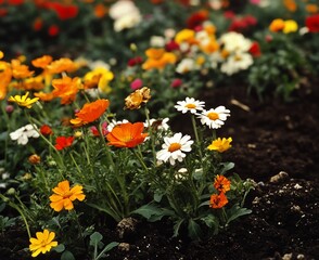 Colorful flowers blooming in a garden bed.