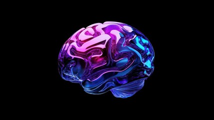 Abstract glass brain model, pink, purple, blue, isolated on black background.