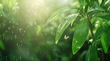 Obraz premium Close-up of a green plant with a butterfly on its leaf and water droplets on the leaves