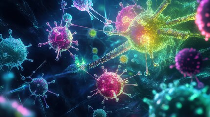Pathogen network interconnected with neon bio-hacking symbols, pathogens, futuristic biosecurity