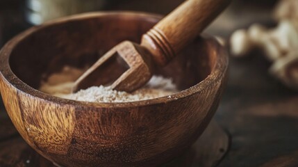 Rustic wooden bowl with grinding spices