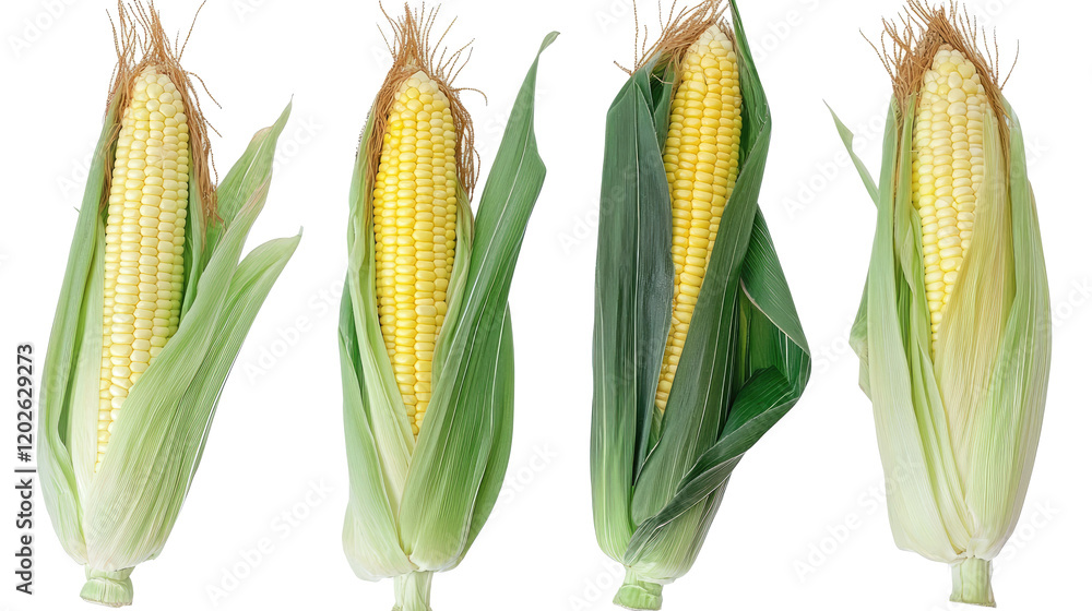 Poster fresh ears of corn in various stages of husking generative ai