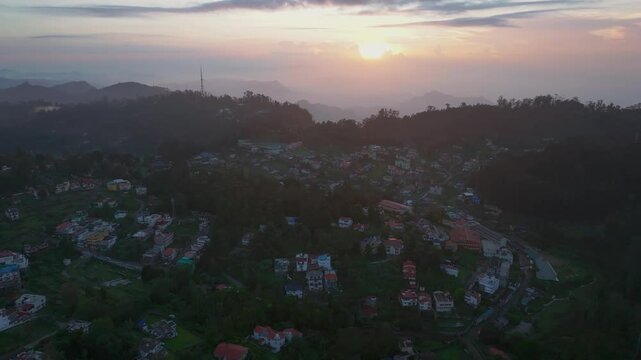 Aerial view of Kodaikanal town at sunrise, India