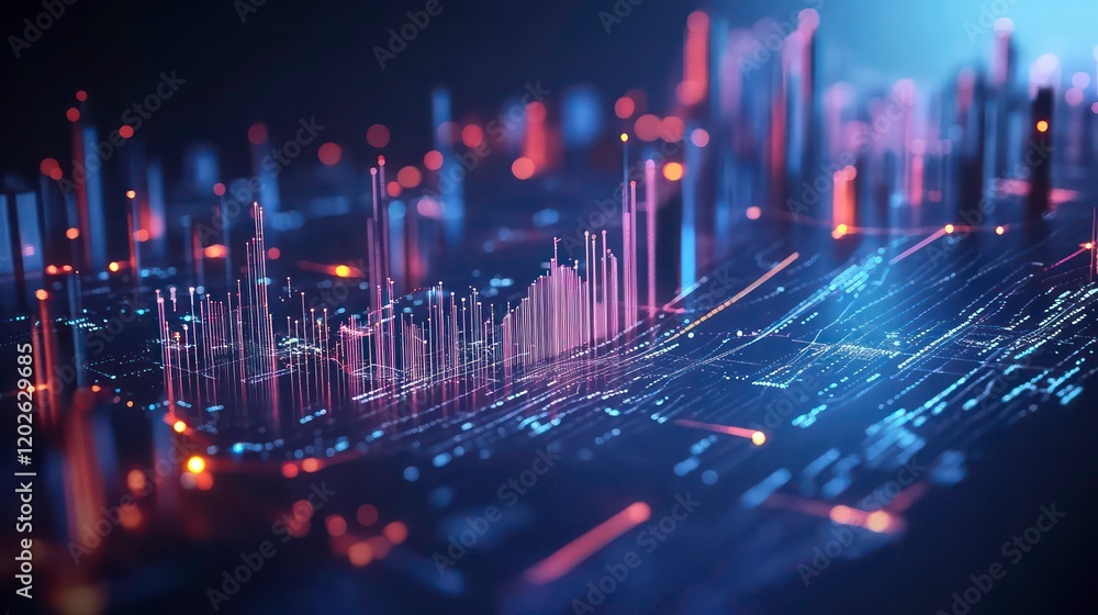 Fototapete Abstract digital data visualization with glowing lines and points forming a city-like landscape.