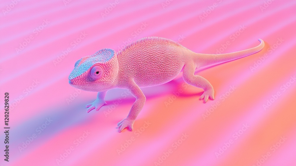 Poster a 3d rendering of a chameleon on a pink and blue background with a pink stripe in the background
