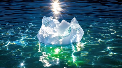 Sparkling Iceberg Floats on Teal Water Sunlit Scene