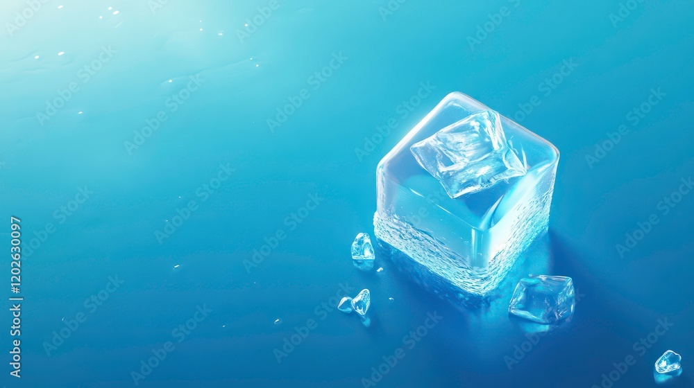 Aufkleber single large ice cube on blue background with smaller ice pieces.