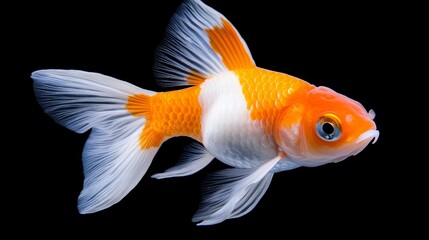 Isolated orange and white betta fish with flowing fins, centered on a rich black backdrop, ideal for minimalist aquatic concepts