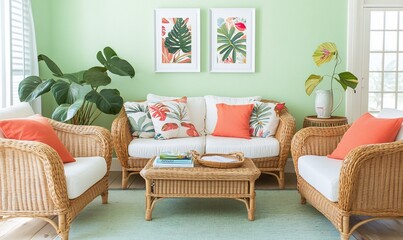 Rattan furniture in a light green room with tropical prints and coral cushions.