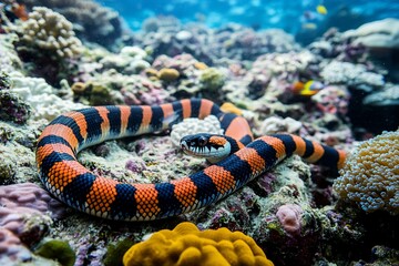 Banded sea snake coiled on vibrant coral reef.