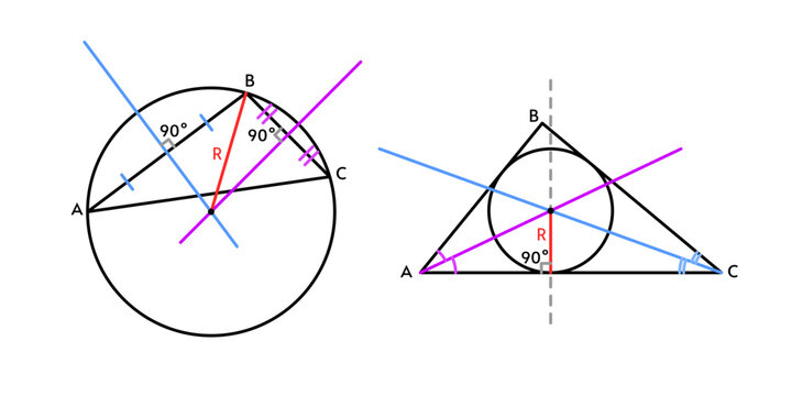 Scheme of constructing an inscribed circle in triangle and circumscribed circle around triangle. Vector illustration of infographics on mathematics and geometry for school students, tutor, website.
