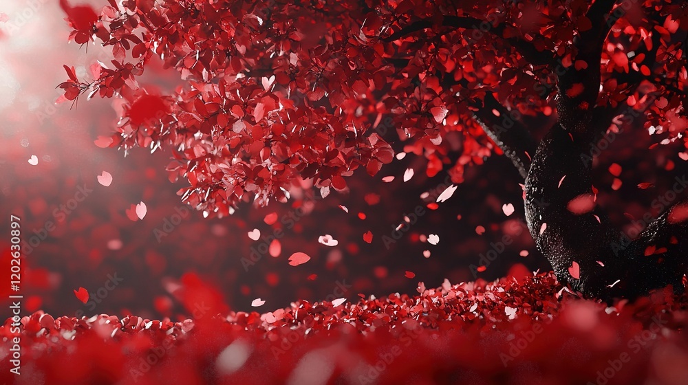 Aufkleber a tree in a field with many red leaves falling from its branches