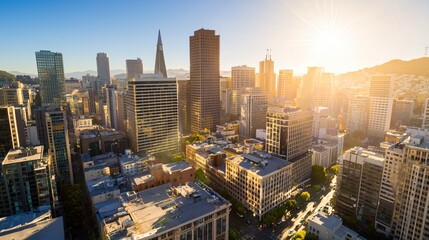Fototapeta premium Golden Hour Cityscape Skyline Aerial View Modern Buildings Sun