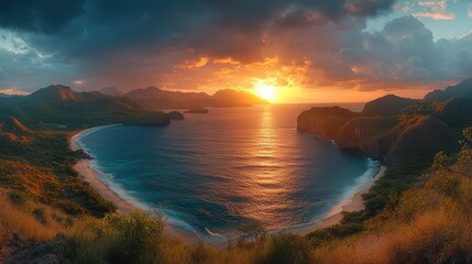 Dramatic sunset over tropical bay, island hills, ocean waves; travel postcard