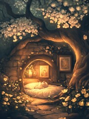 Obraz premium Cozy sleeping nook beneath a flowering tree in a tranquil enchanted woodland setting. Generative AI