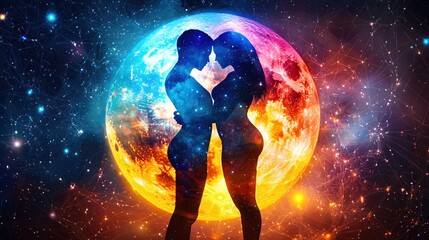Naklejka premium Cosmic Embrace Silhouette Couple Love Celestial Moon Space Galaxy