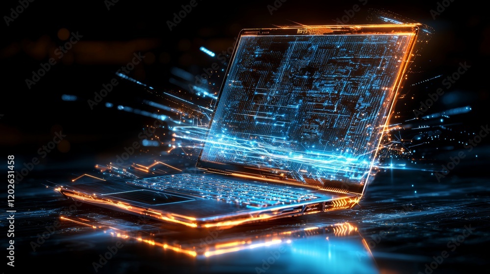 Fototapete powerful gaming laptop with vibrant screen, sharp details and dynamic glow, ad layout for product la