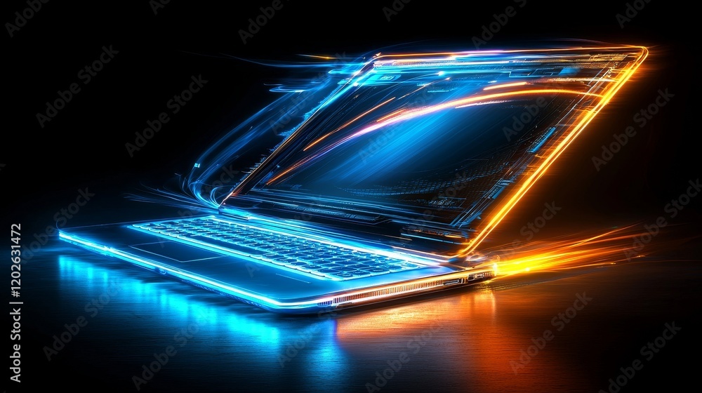 Fototapete powerful gaming laptop with vibrant screen, sharp details and dynamic glow, ad layout for product la